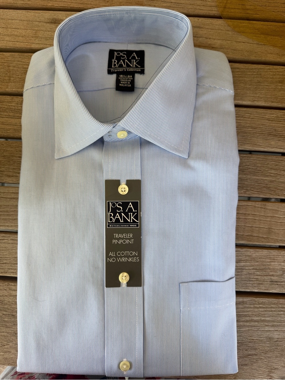 NWT Jos A Bank Traveler Blue Pinstripe Cotton Dress Shirt 15.5 34